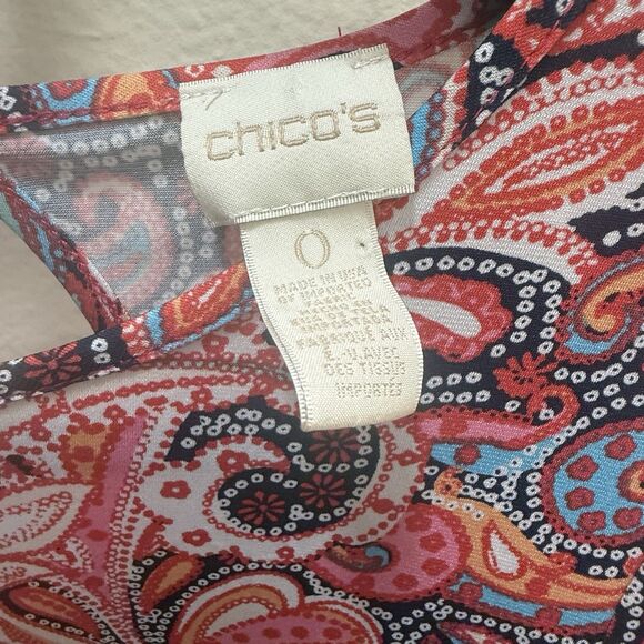 Chico's Size 0 Paisley Tunic Top Blouse Short Sleeve Stretch Orange Pink - Picture 2 of 8